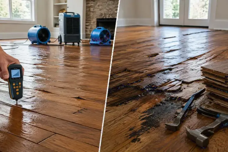 Moisture meter reading on a wet hardwood floor next to boards pulled up for drying