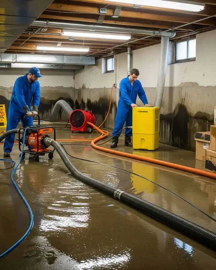 Restoration technicians pumping water out of a flooded basement with drying equipment running