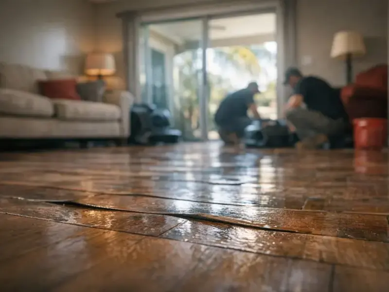 Restoration crew checking a wet hardwood floor in a living room
