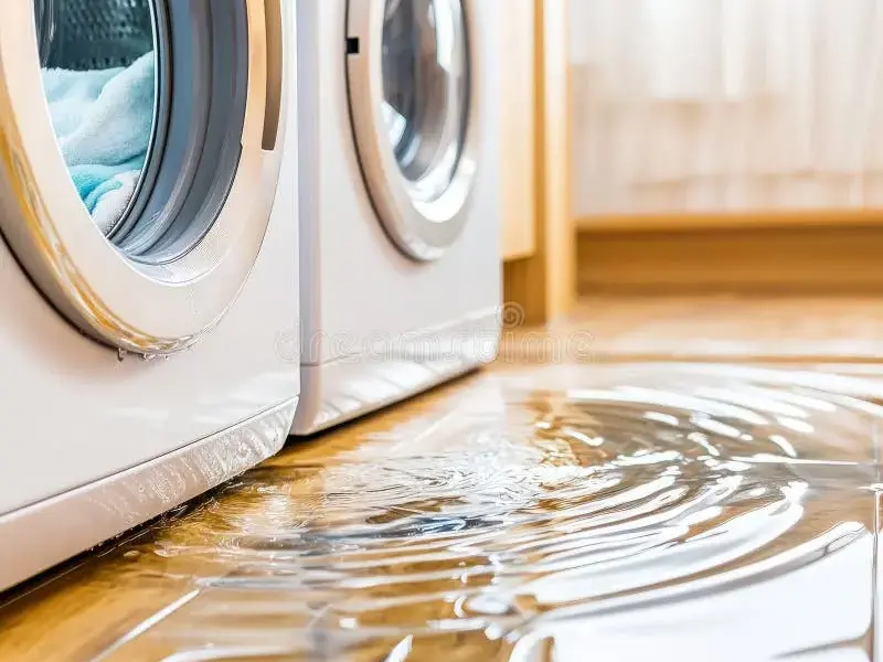 Water spreading across a wood floor from under a pair of washing machines