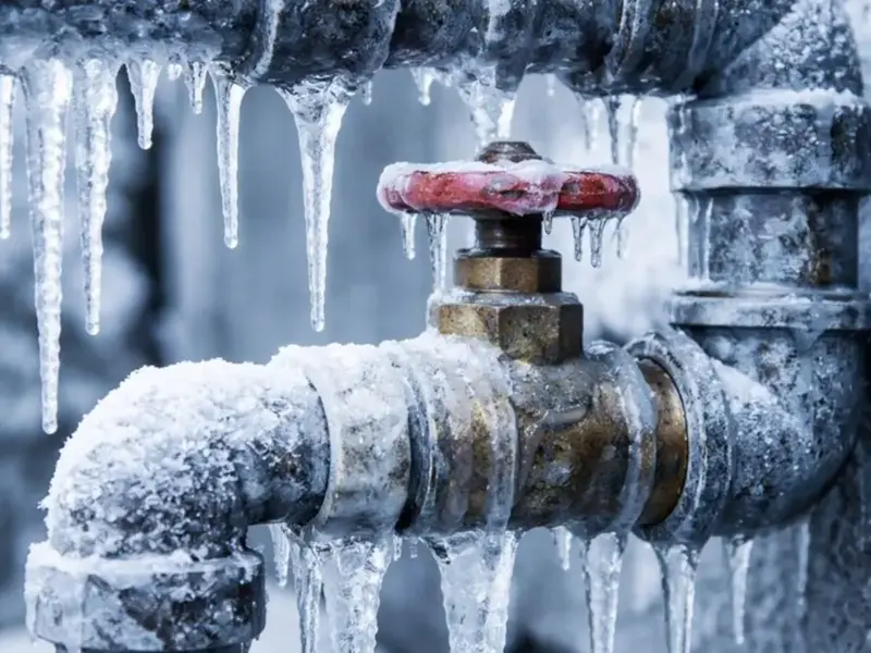 Frozen water pipes and a valve covered in ice and icicles