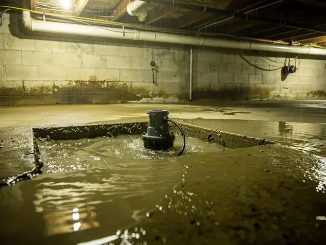 Sump pump pit overflowing into a flooded unfinished basement