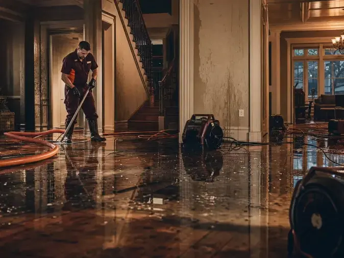 Extraction wand and air mover working on a flooded hardwood floor in a large Franklin home