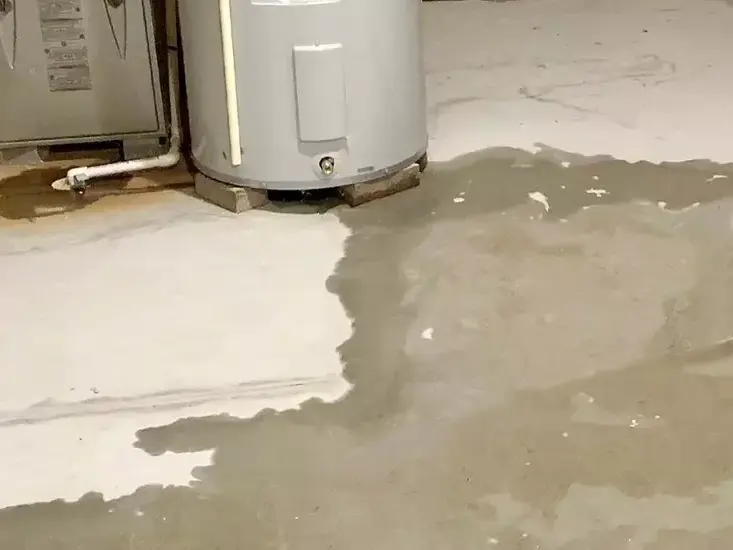 Water spreading across a concrete floor from the base of a leaking water heater